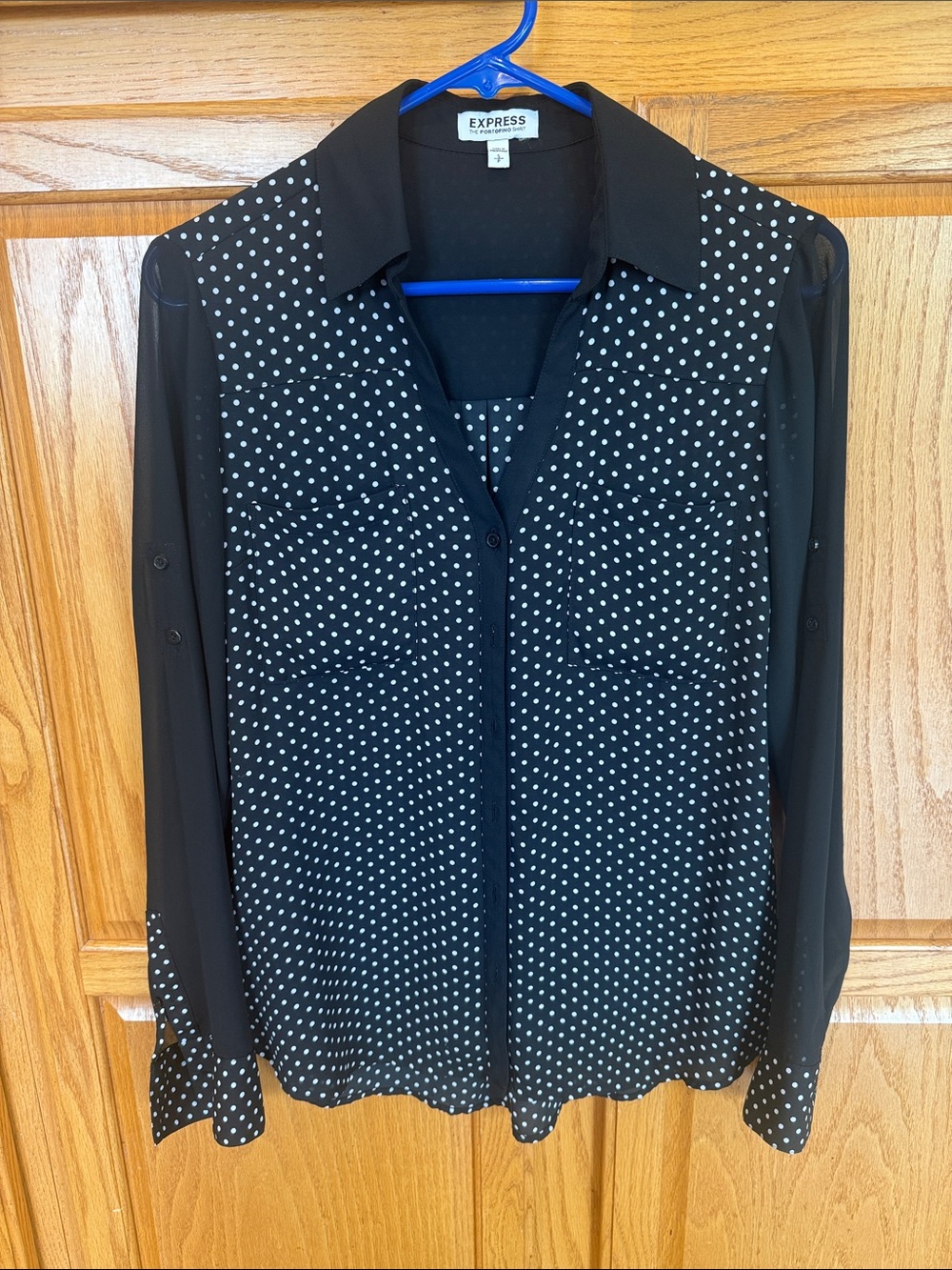 202 Express The Portofino Shirt Black White Polka Dot Sheer Sleeve Button Small - Picture 2 of 9